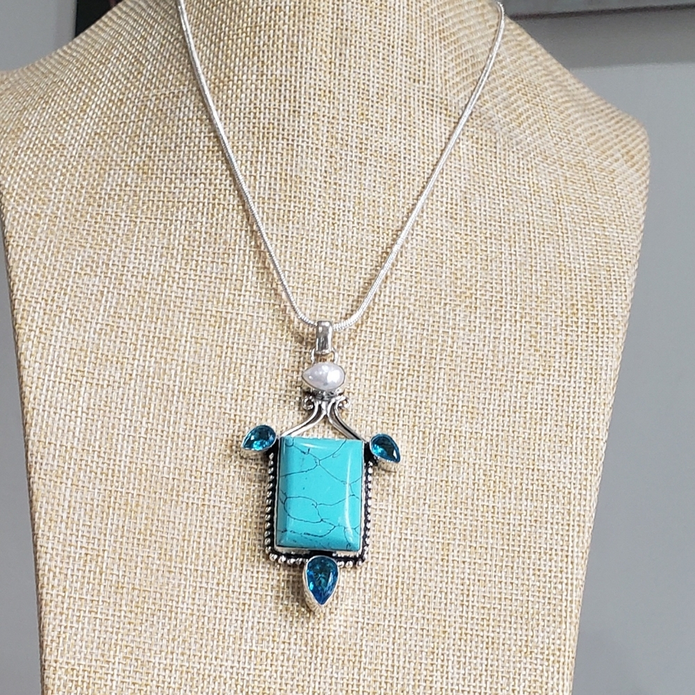 Turquoise necklace, 925 silver turquoise blue topaz pendant necklace - Picture 9 of 14